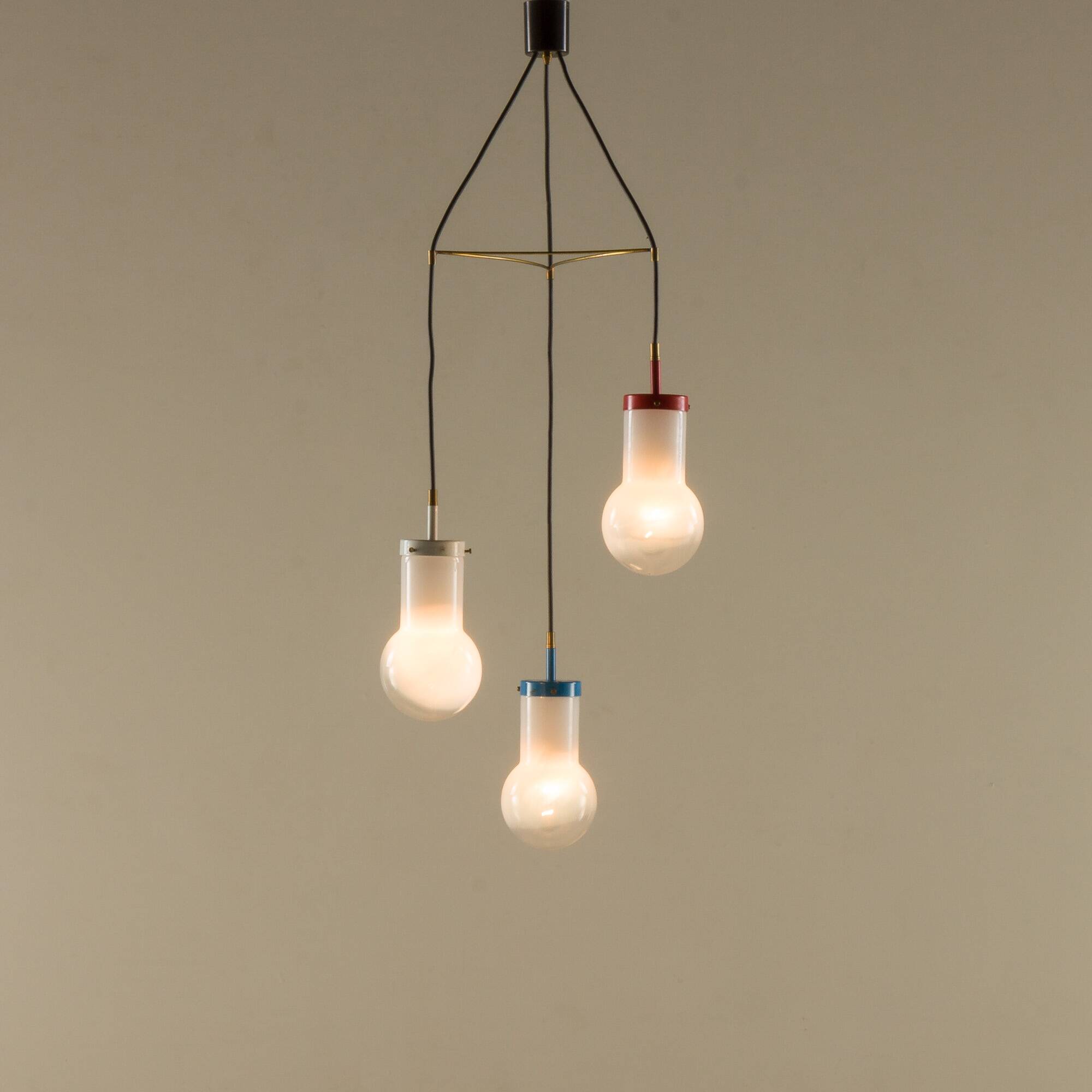 Italian pendant lamp with “lattimo” Murano glass shades, mid century modern