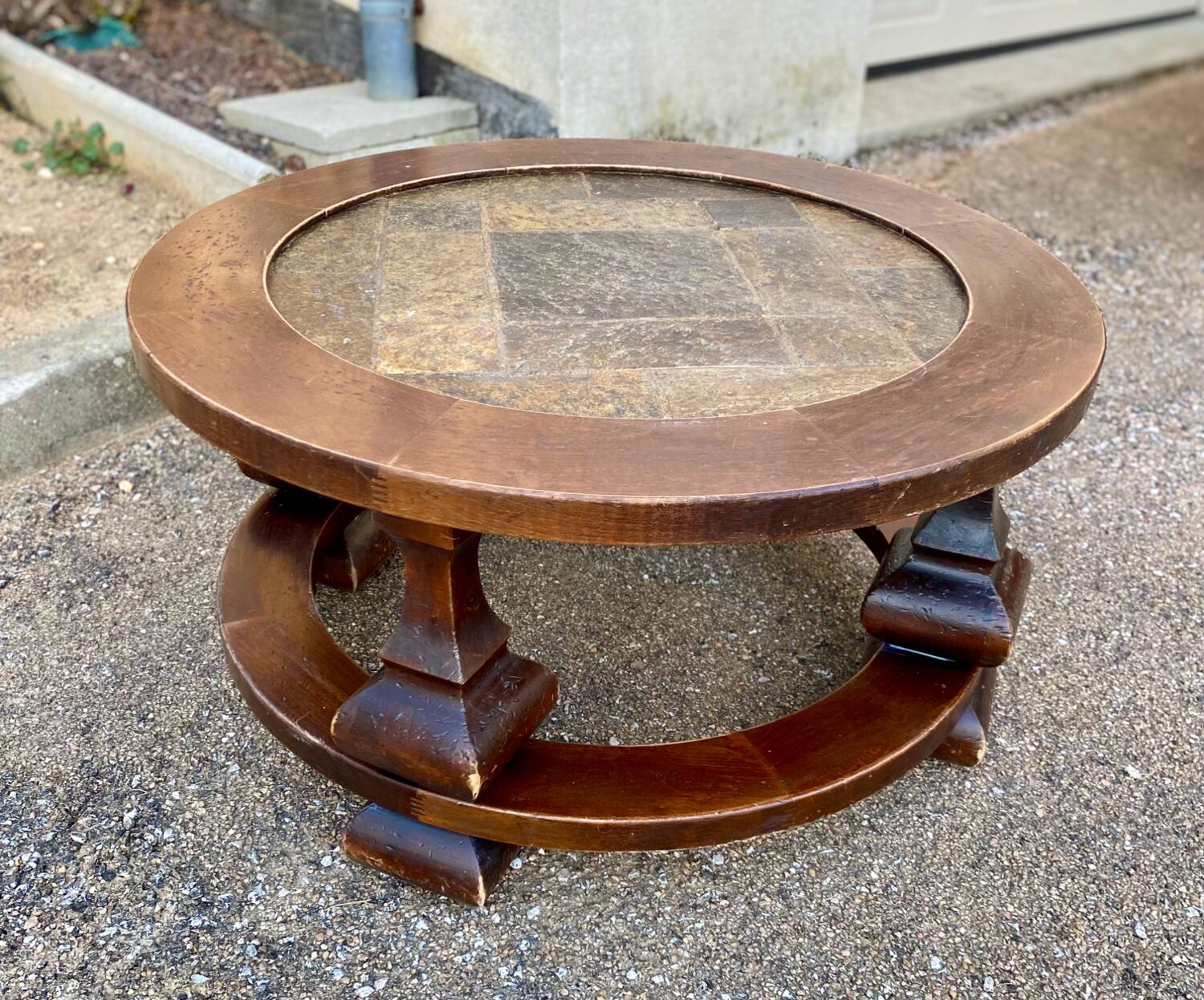 Round stone and wood coffee table