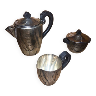 Old art deco coffee tea service silver metal & vintage black wood handles #a591