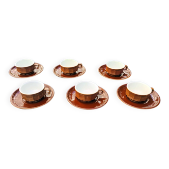 Set of 6 cups coffee bistro old porcelain Pillivuyt brown 9 cl