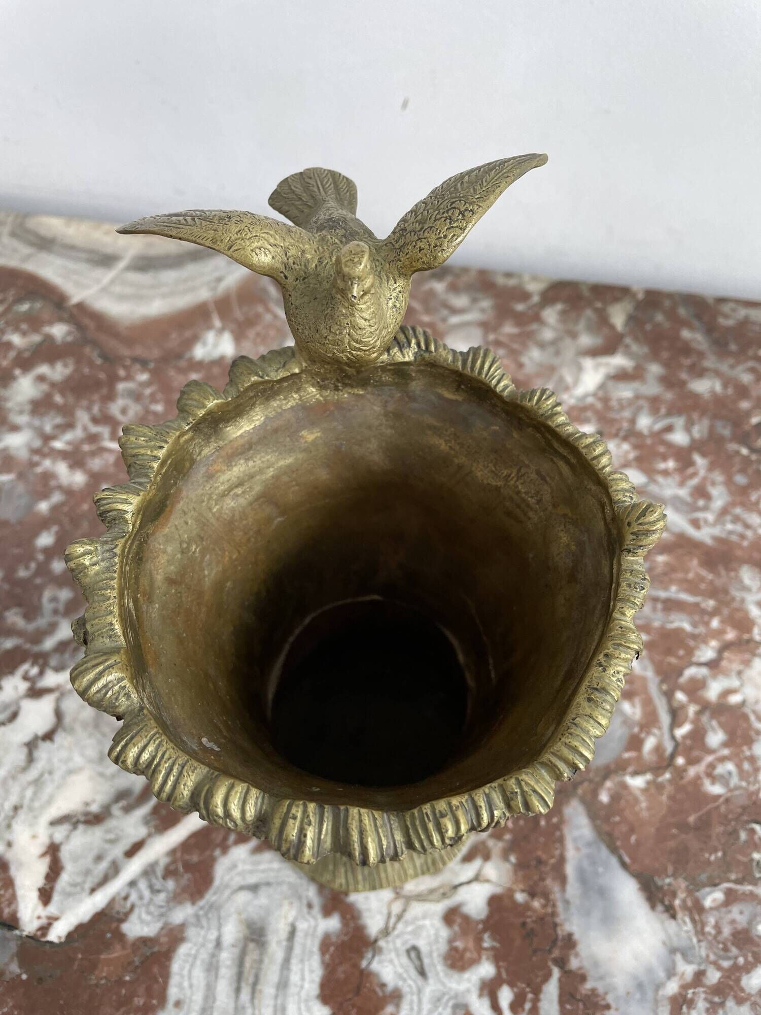 Pair of vases, solid bronze, gilded, early 20th century work, dove decoration, sheaf of wheat, art