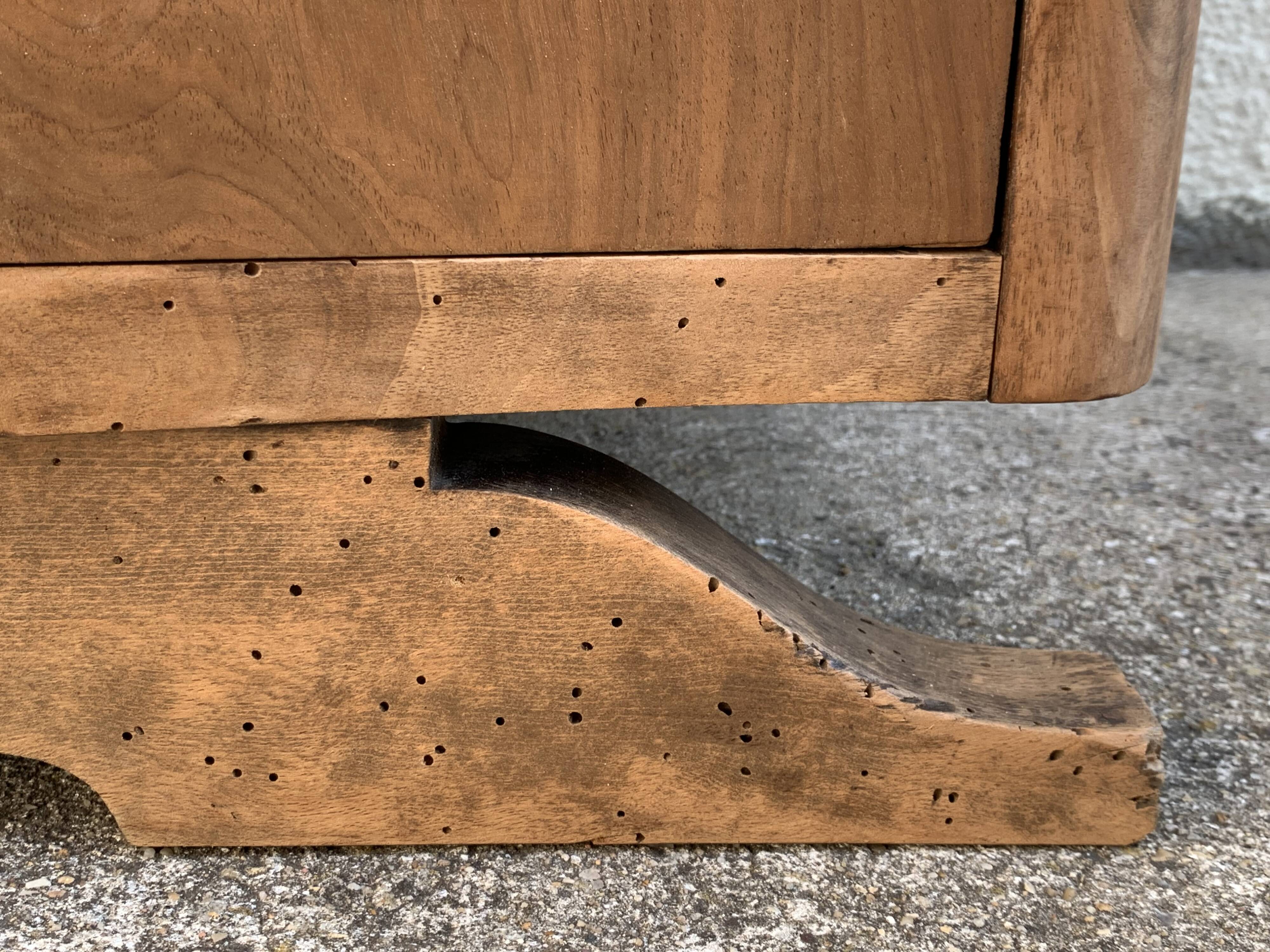 High art deco chest of drawers with mustache feet in raw walnut, 1930s