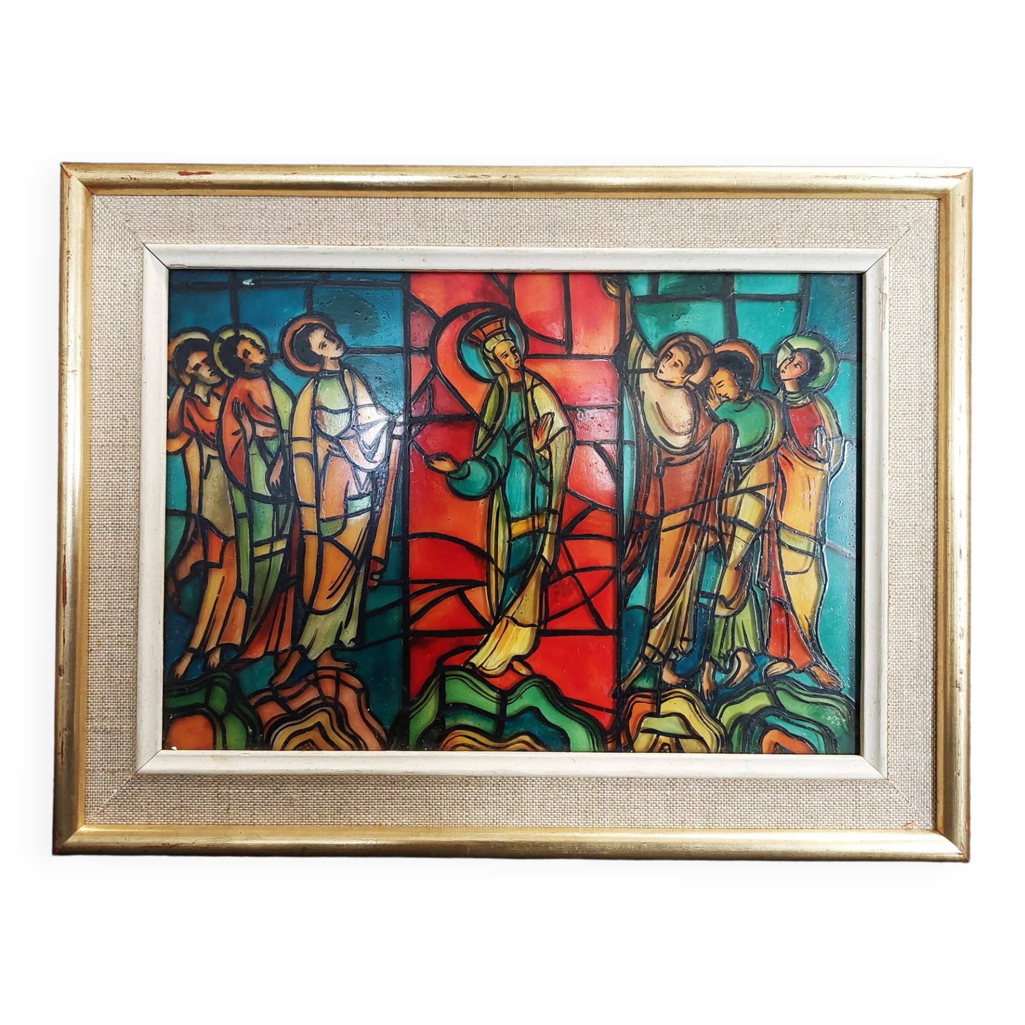 Frame reproduction fake stained glass window of the ascension of Le Mans cathedral 1960s