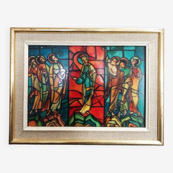 Cadre reproduction faux vitrail de l'ascension cathédrale du Mans années 60