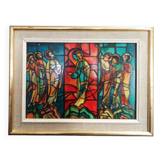 Frame reproduction fake stained glass window of the ascension of Le Mans cathedral 1960s