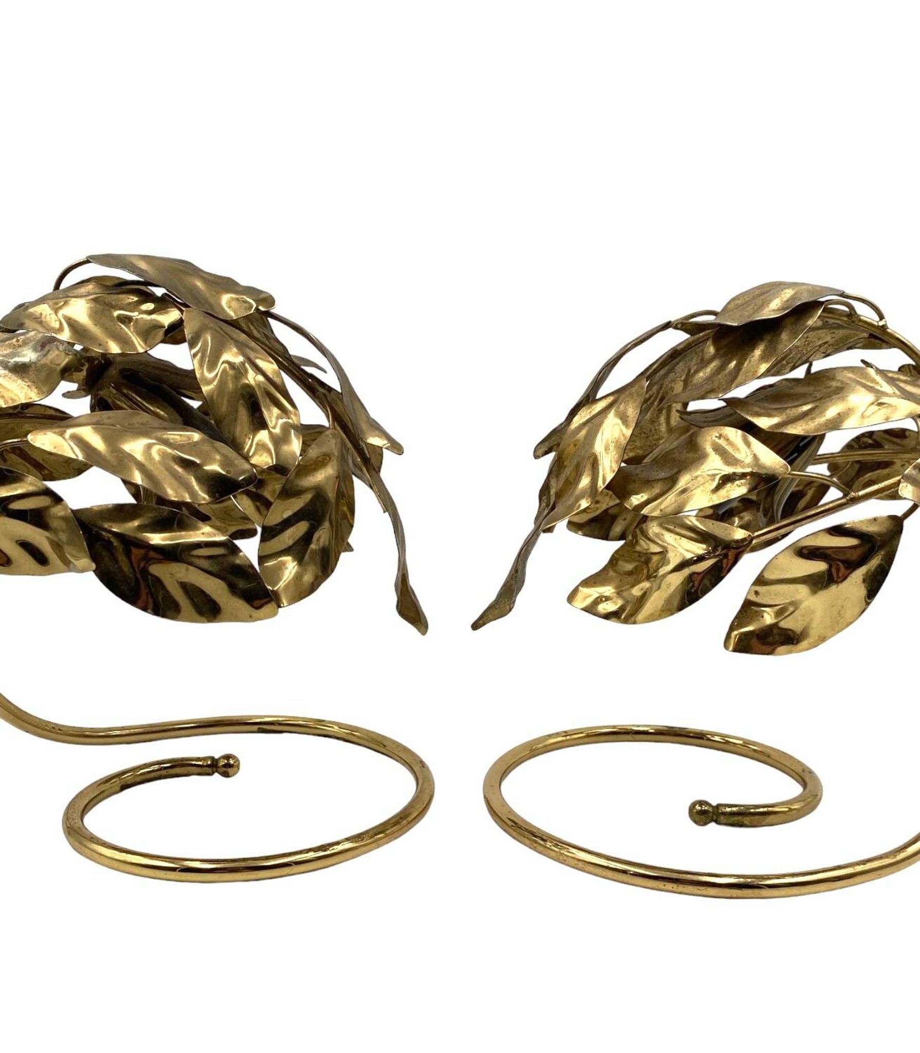 Hollywood regency set of 2 brass leaves table lamps, Bottega Gadda Italy, 1970s