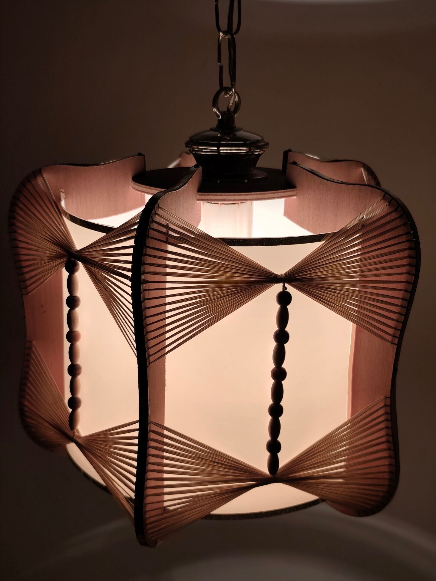 Raffia and wood ceiling lamp. Spain, 1970s.
