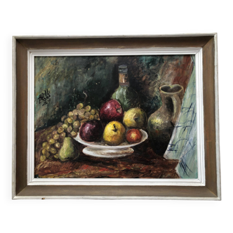Tableau nature morte peint huile sur panneau signé edith botet 1984 figuratif, fruits pichet, cadre