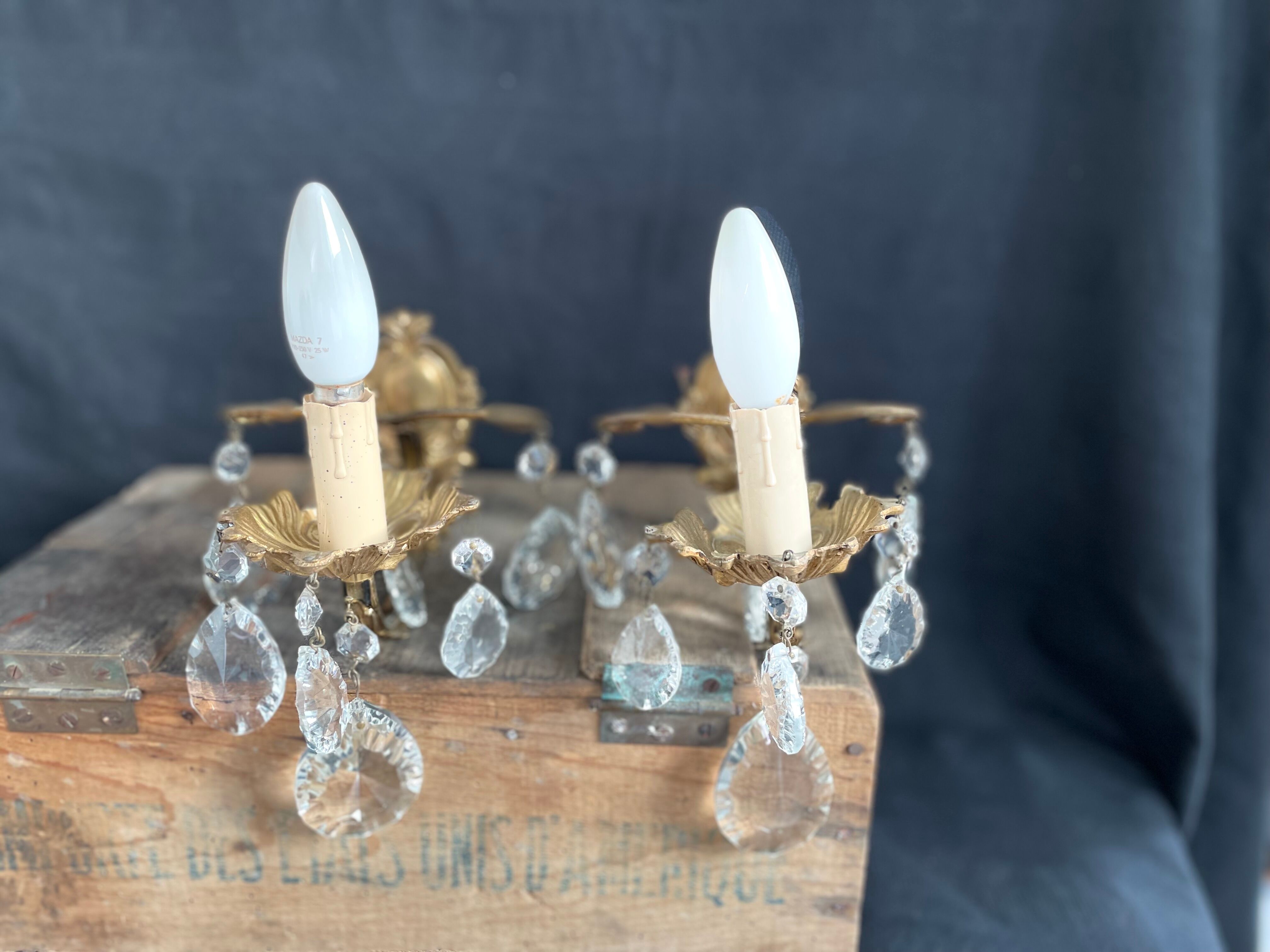 Pair of antique wall lamps - golden metal - grapevines - 1 lights