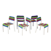 Set of five IKEA Färgglad children's chairs.