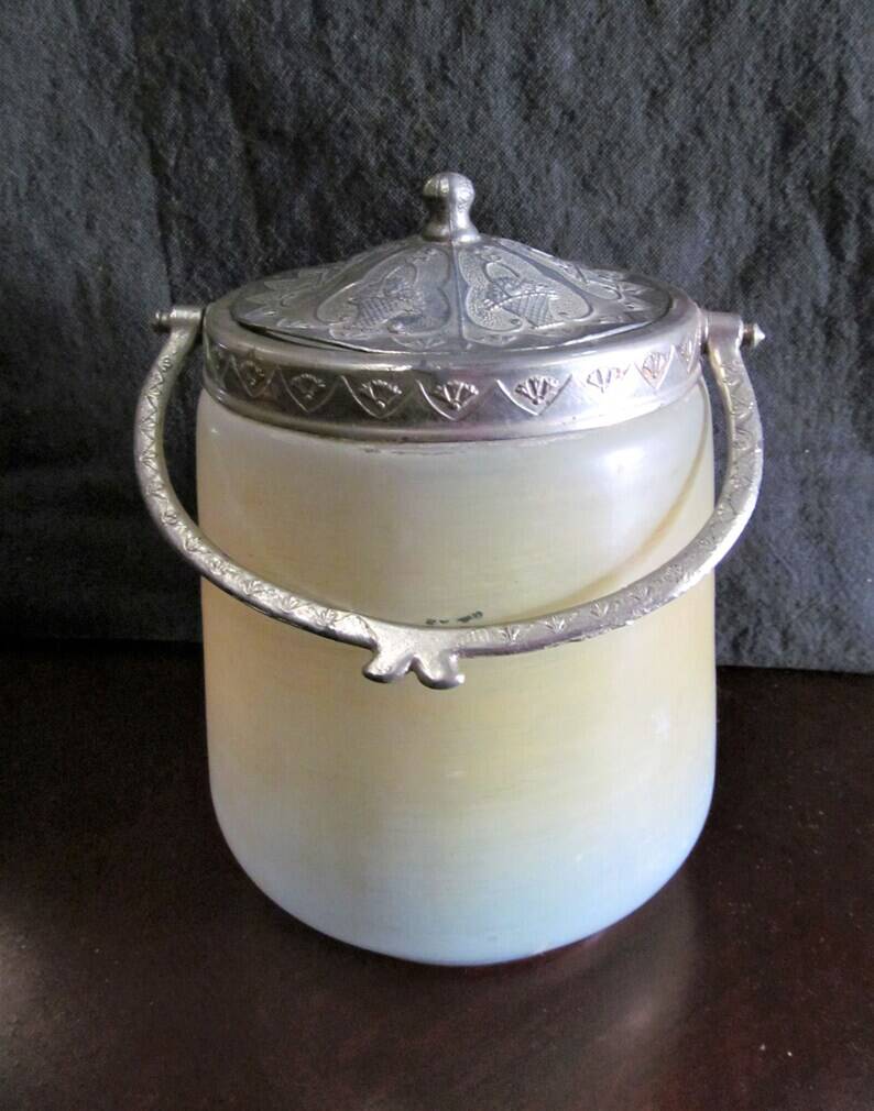 Art Nouveau Opal Glass Biscuit Jar: Hand-Painted Iris, French Candy Jar