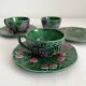 3 earthenware cups and saucers in barbotine fruit decor Salins vintage