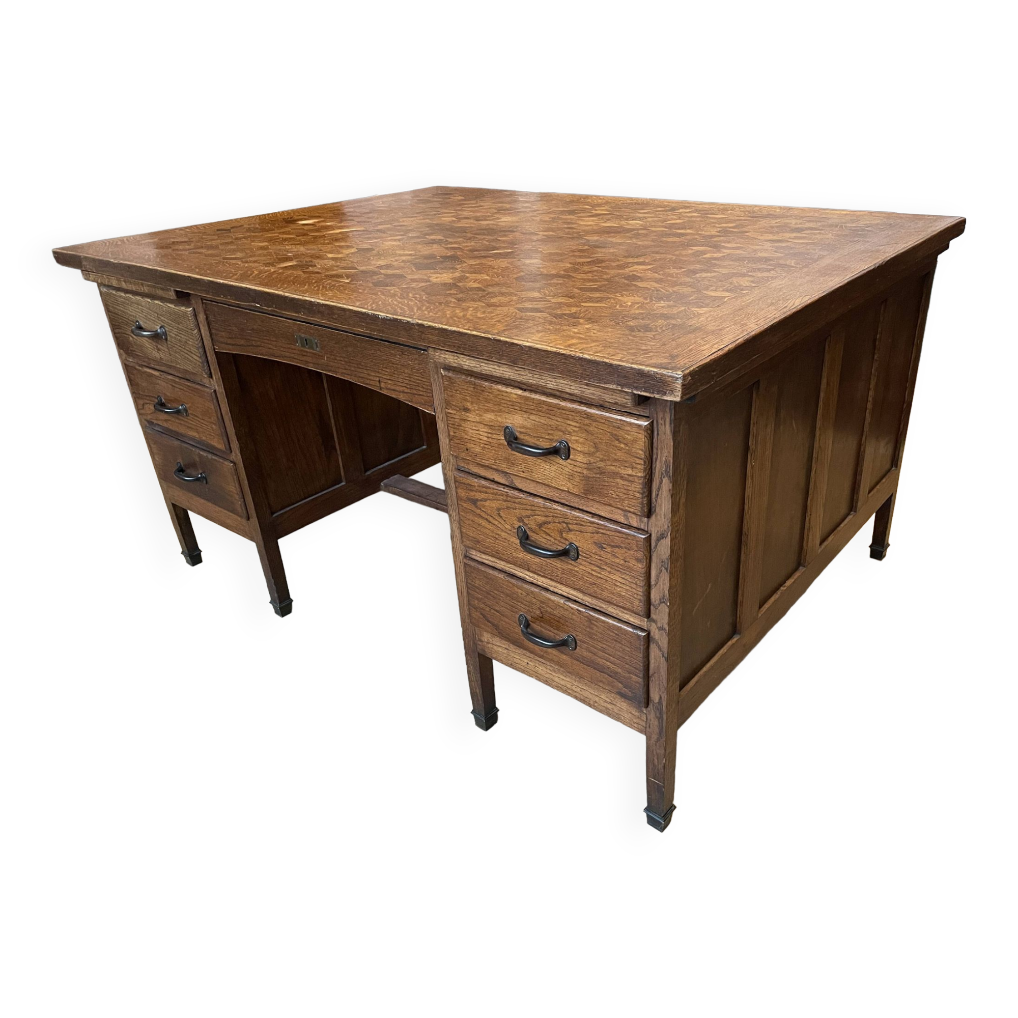 Minister's desk in solid oak with marquetry 1930s