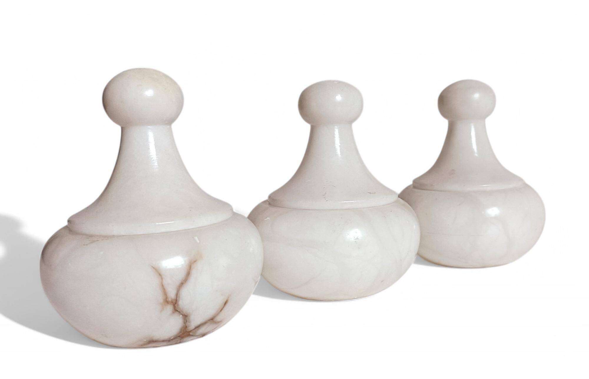 Art Deco Alabaster Set of Three Lidded Urns, Hand-Carved in Spain