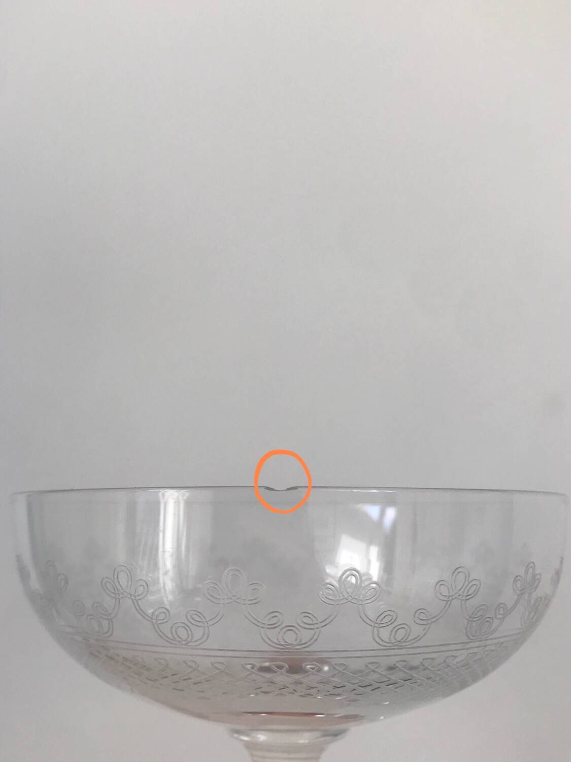 Set of 9 antique champagne glasses in engraved glass