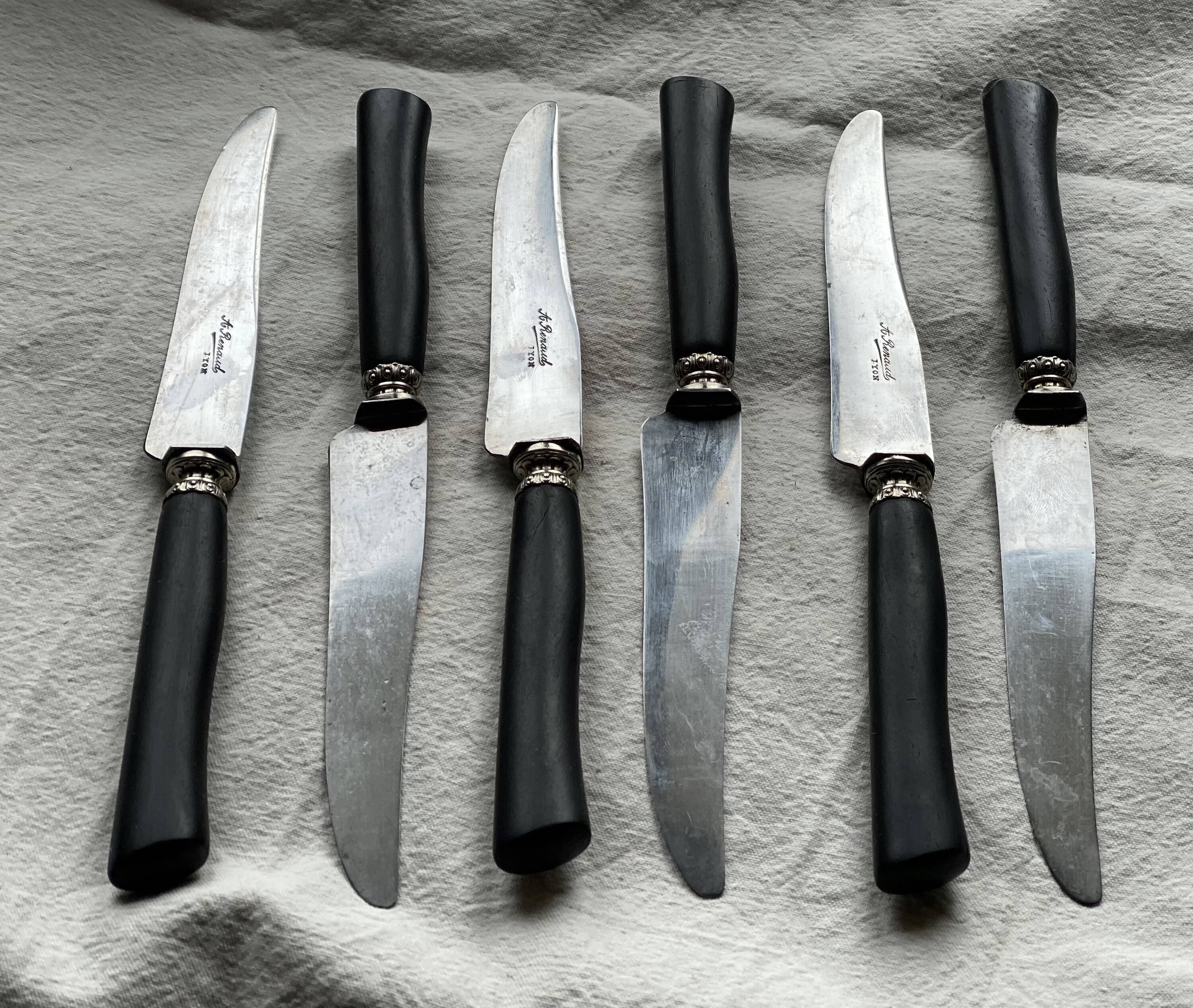 Set of 6 table knives from the 19th century, ebony and silver.