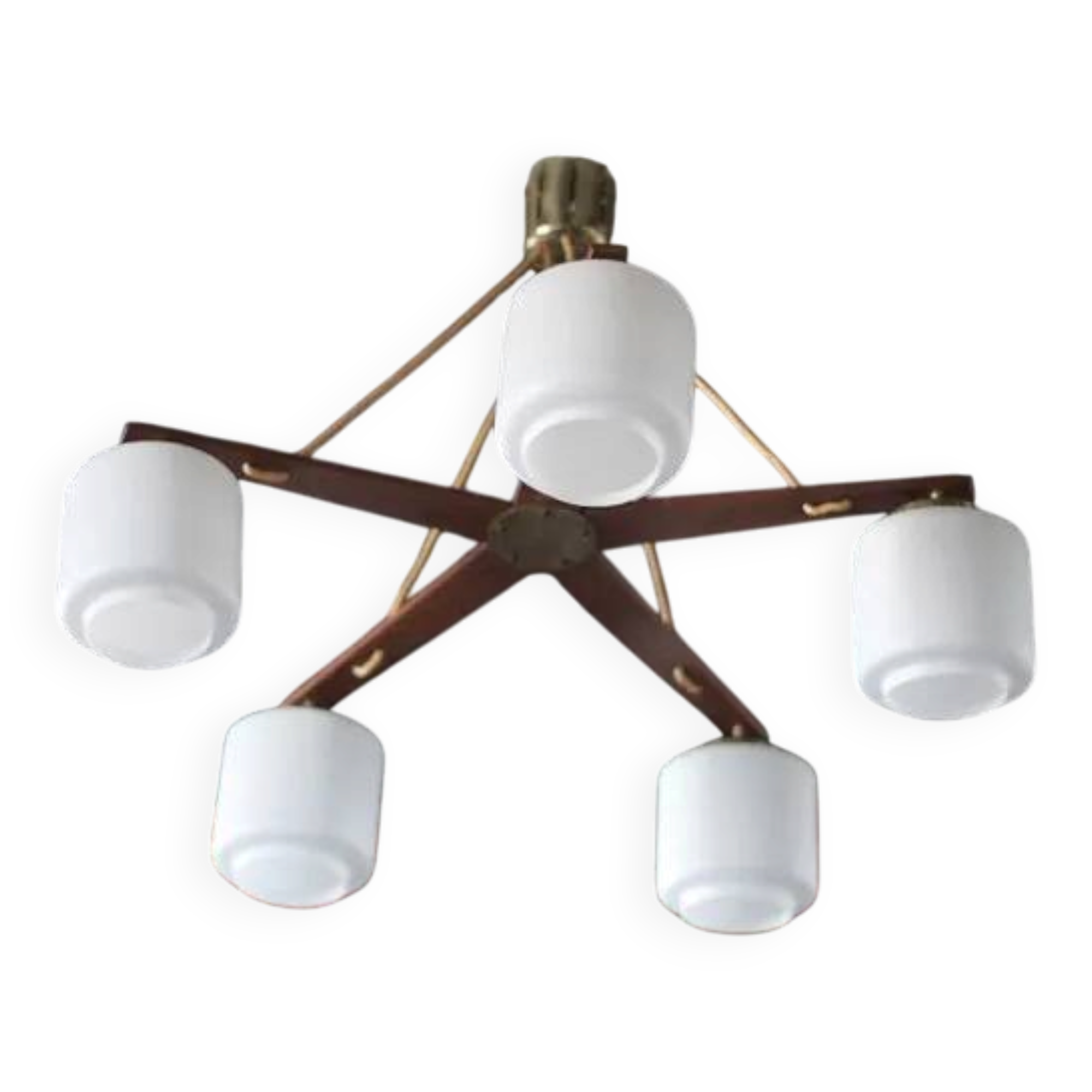 Teak and opaline pendant light, Scandinavian ceiling lamp, vintage wooden pendant with 5 lights, decor.