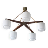 Suspension en teck et opaline, lampe de plafond scandinave, suspension bois 5 feux vintage, déco