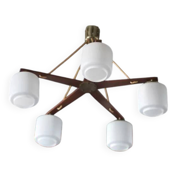 Teak and opaline pendant light, Scandinavian ceiling lamp, vintage wooden pendant with 5 lights, decor.