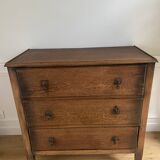 Vintage wooden chest of drawers with three drawers and brown marble top