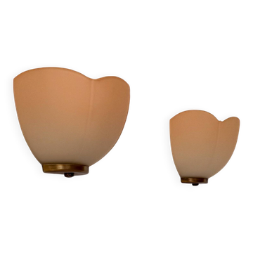 Vintage brass and orange glass wall sconces, France 1970.