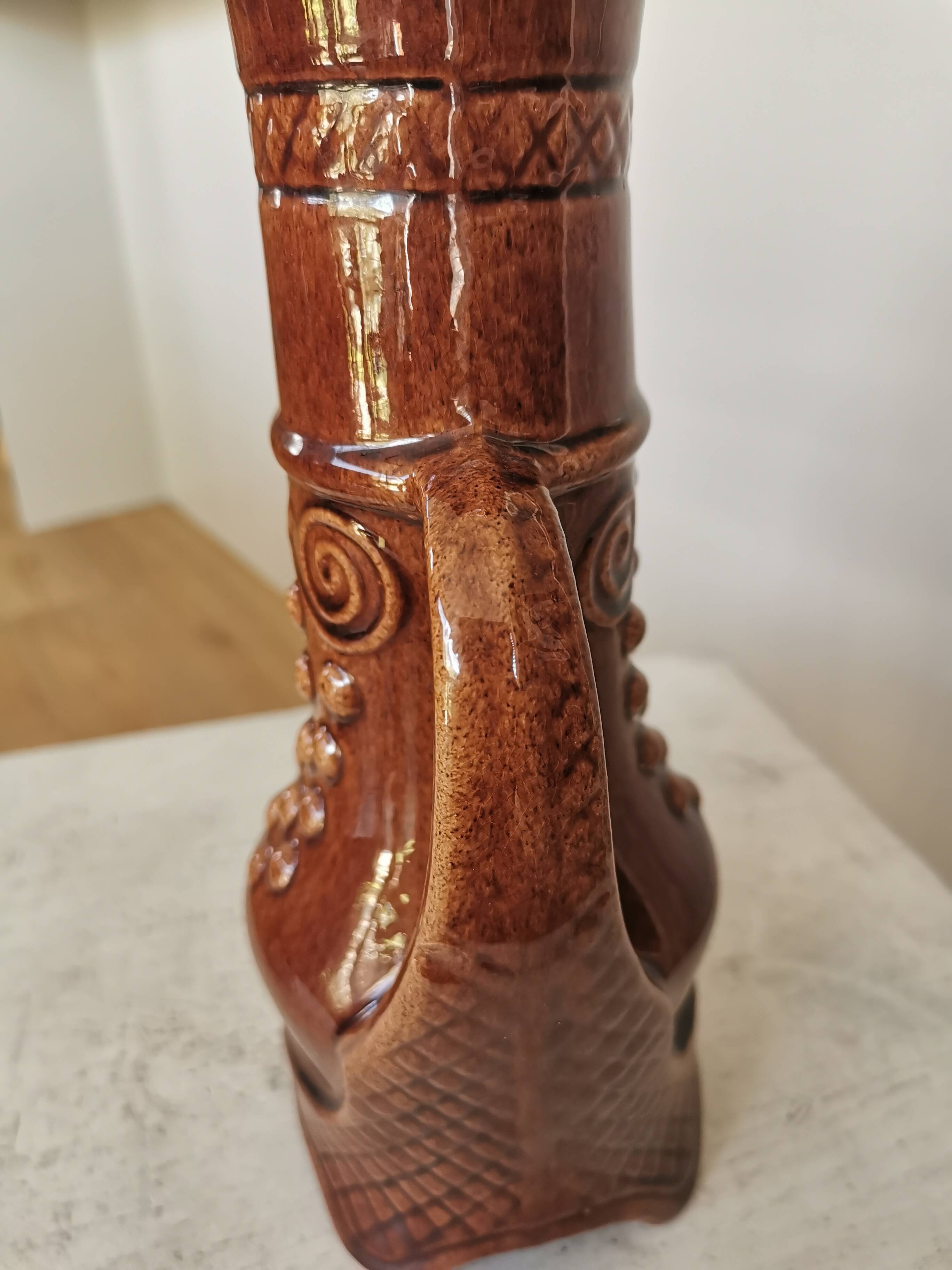 Vintage Amphora Vase: Large Brown Glazed Pottery with Grape Motif