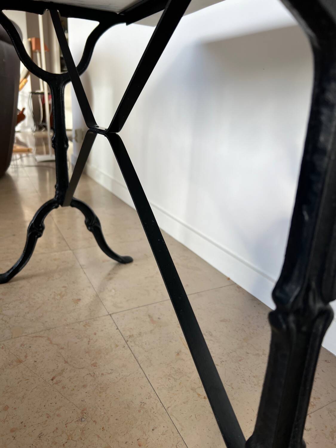 White marble bistro table, cast iron legs