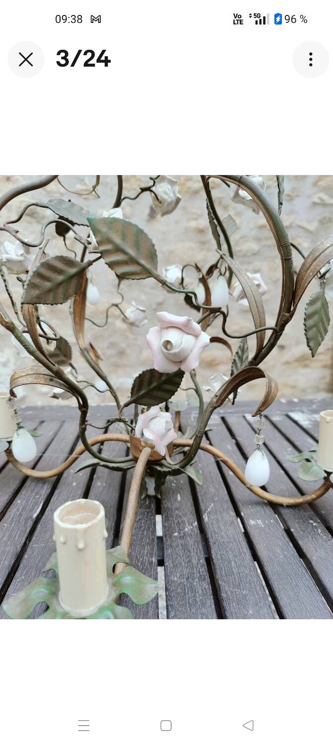 Italian cage chandelier decorated with ceramic roses and glass paste pendants