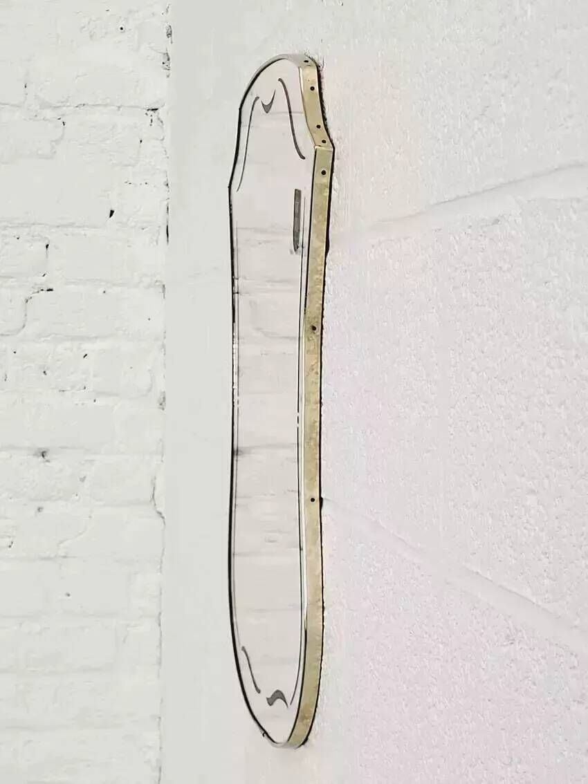 Free-form 60s screen-printed rearview mirror on gold frame