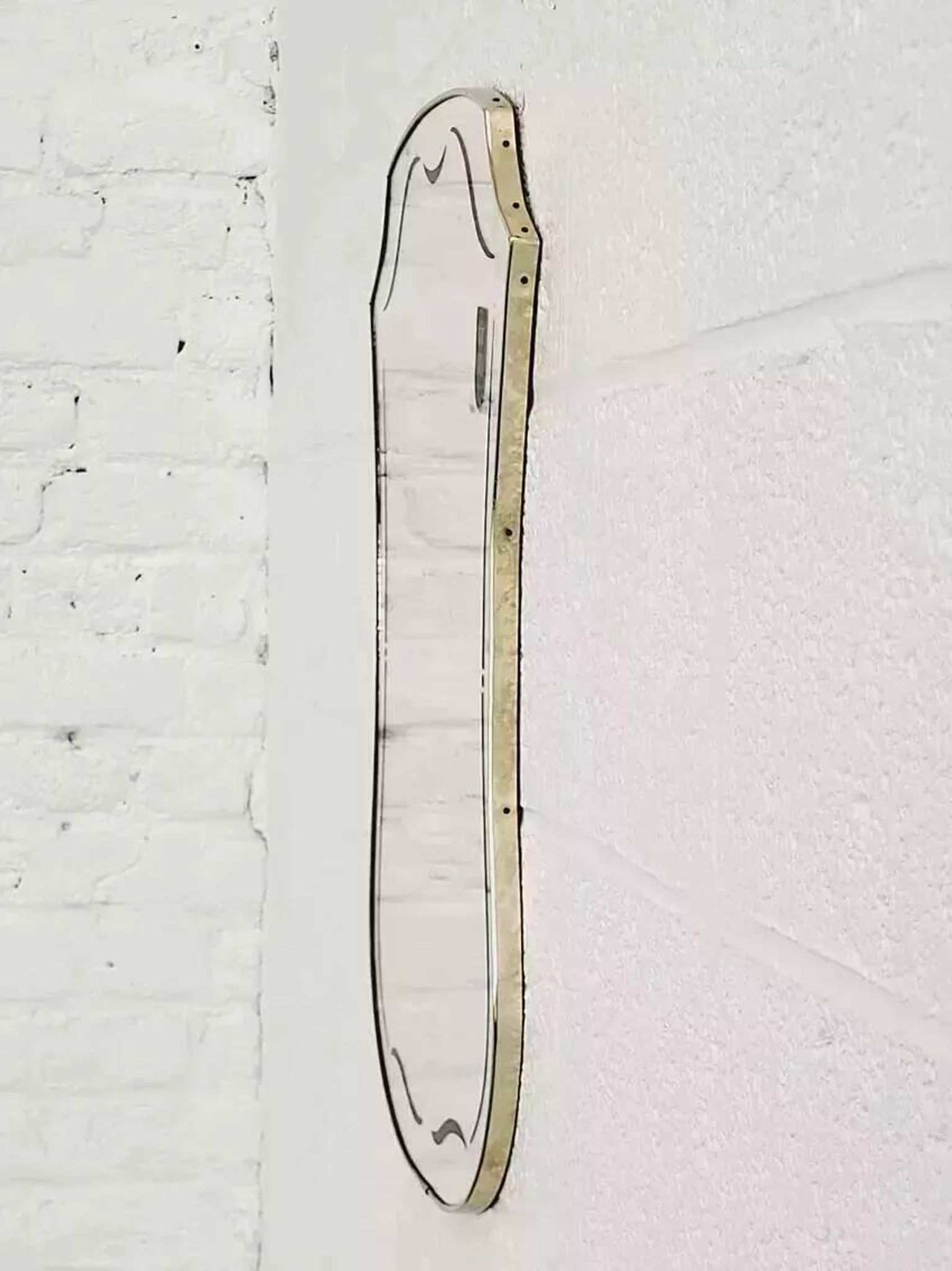 Free-form 60s screen-printed rearview mirror on gold frame