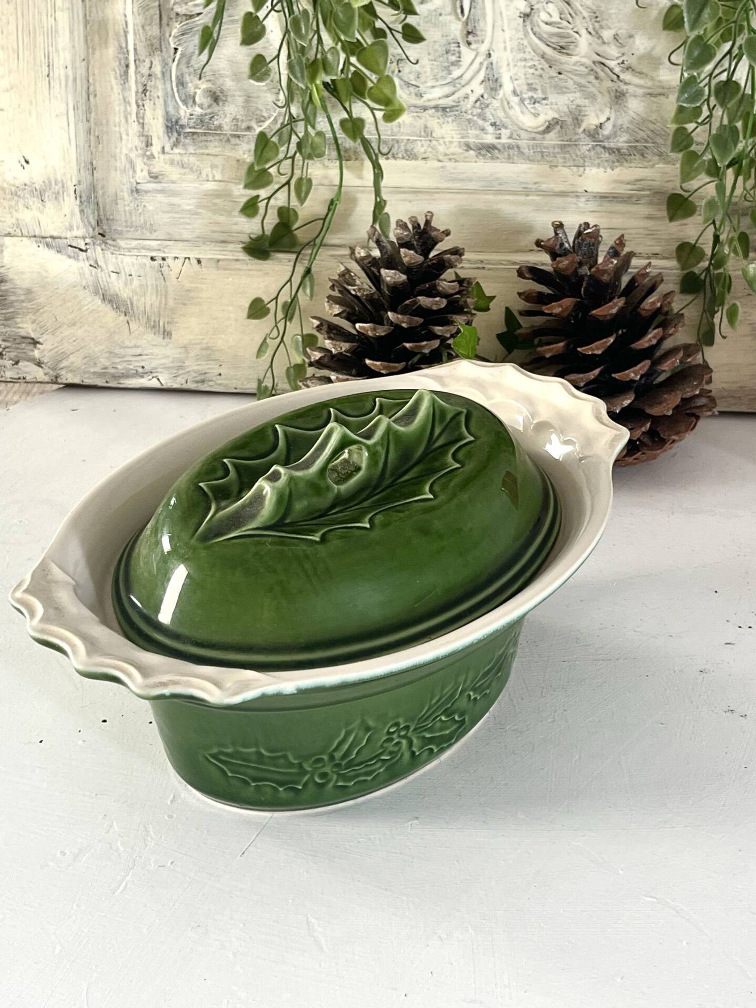 Christmas Terrine with Holly Lid, Green Ceramic Serving Dish, Vintage