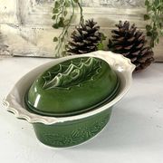 Christmas Terrine with Holly Lid, Green Ceramic Serving Dish, Vintage