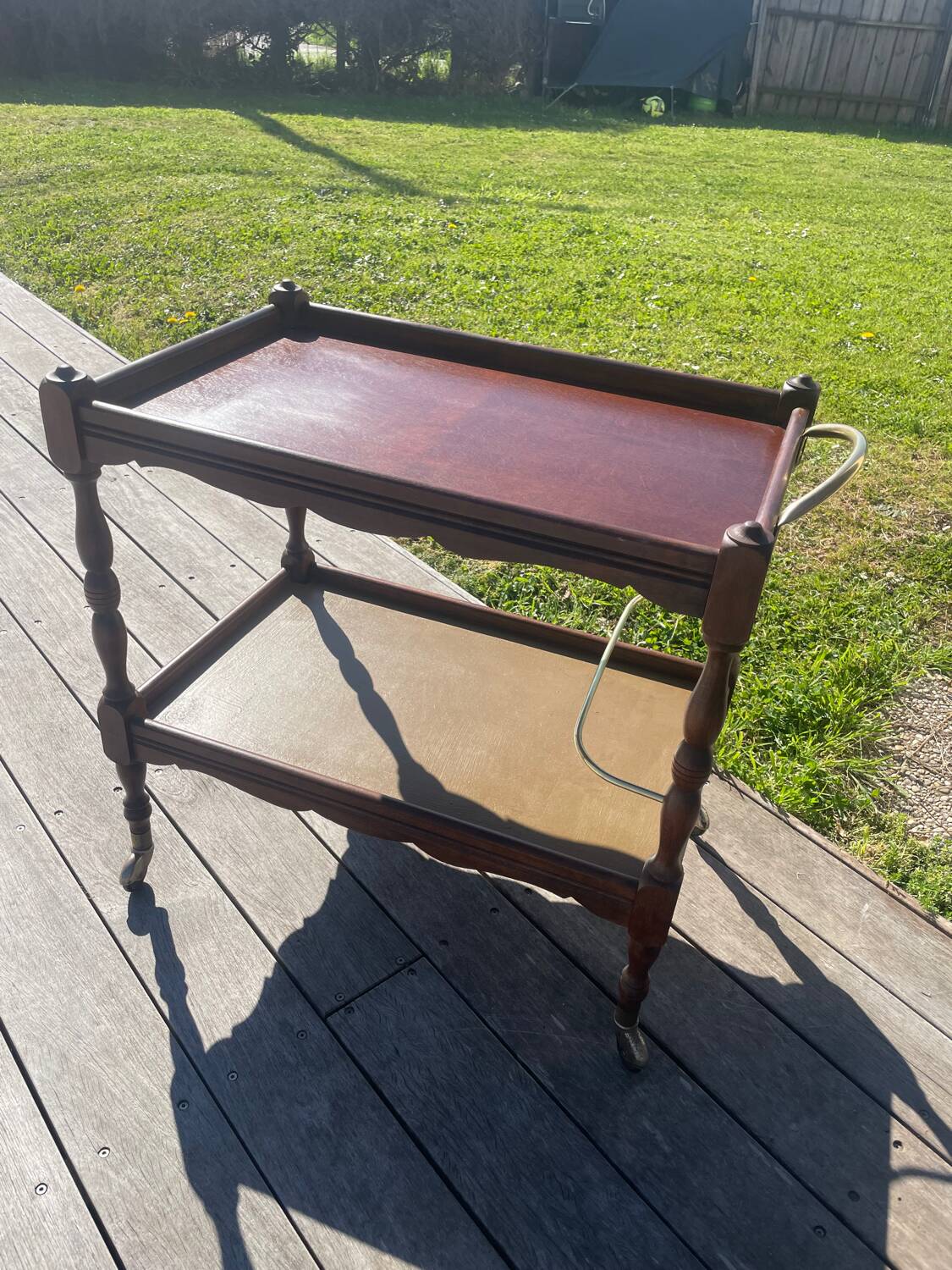 Vintage wooden and gilded brass rolling dessert trolley