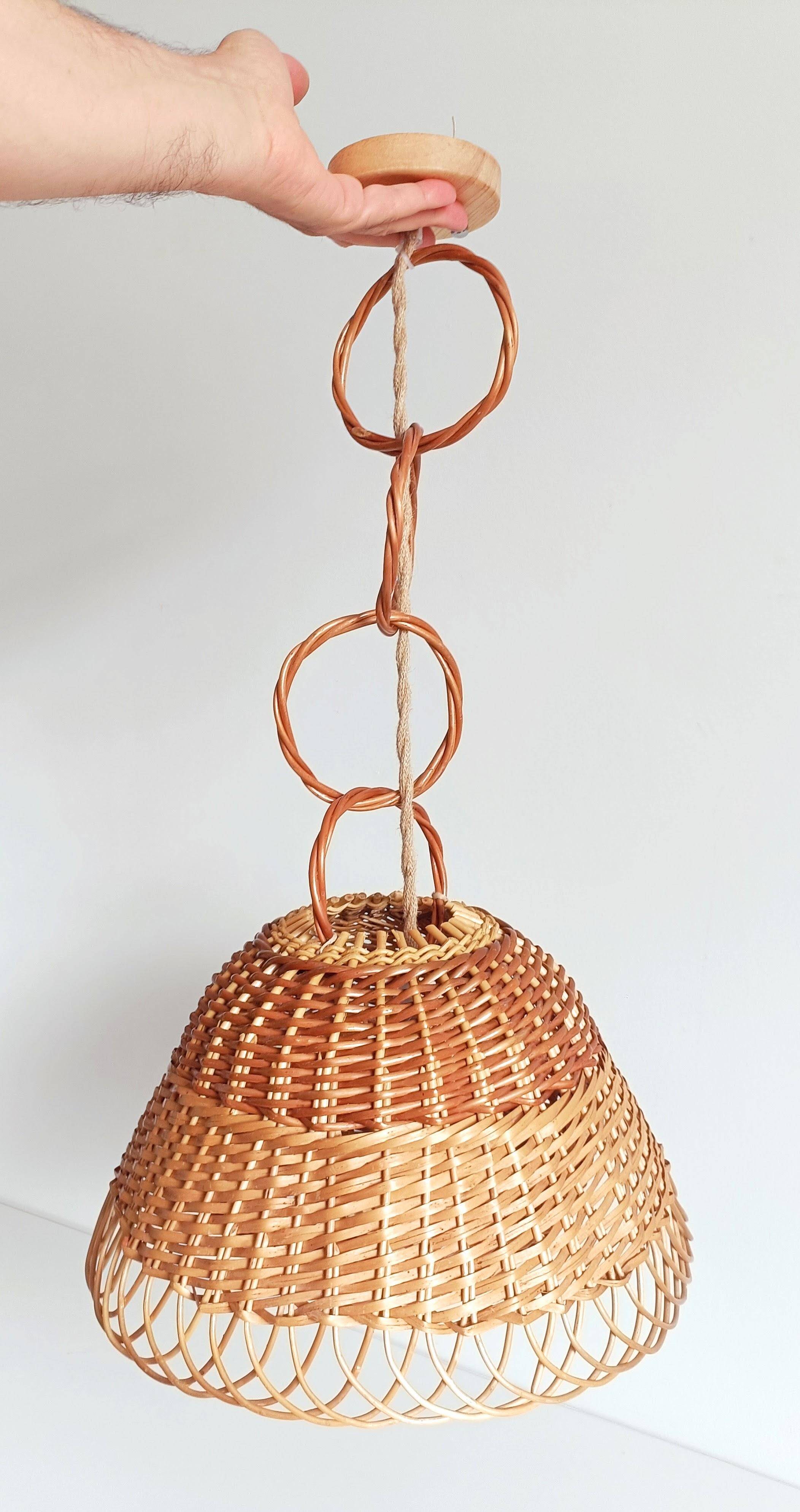 Rustic Mid-Century Wicker Pendant Lamp, Handwoven in Spain, c. 1960s
