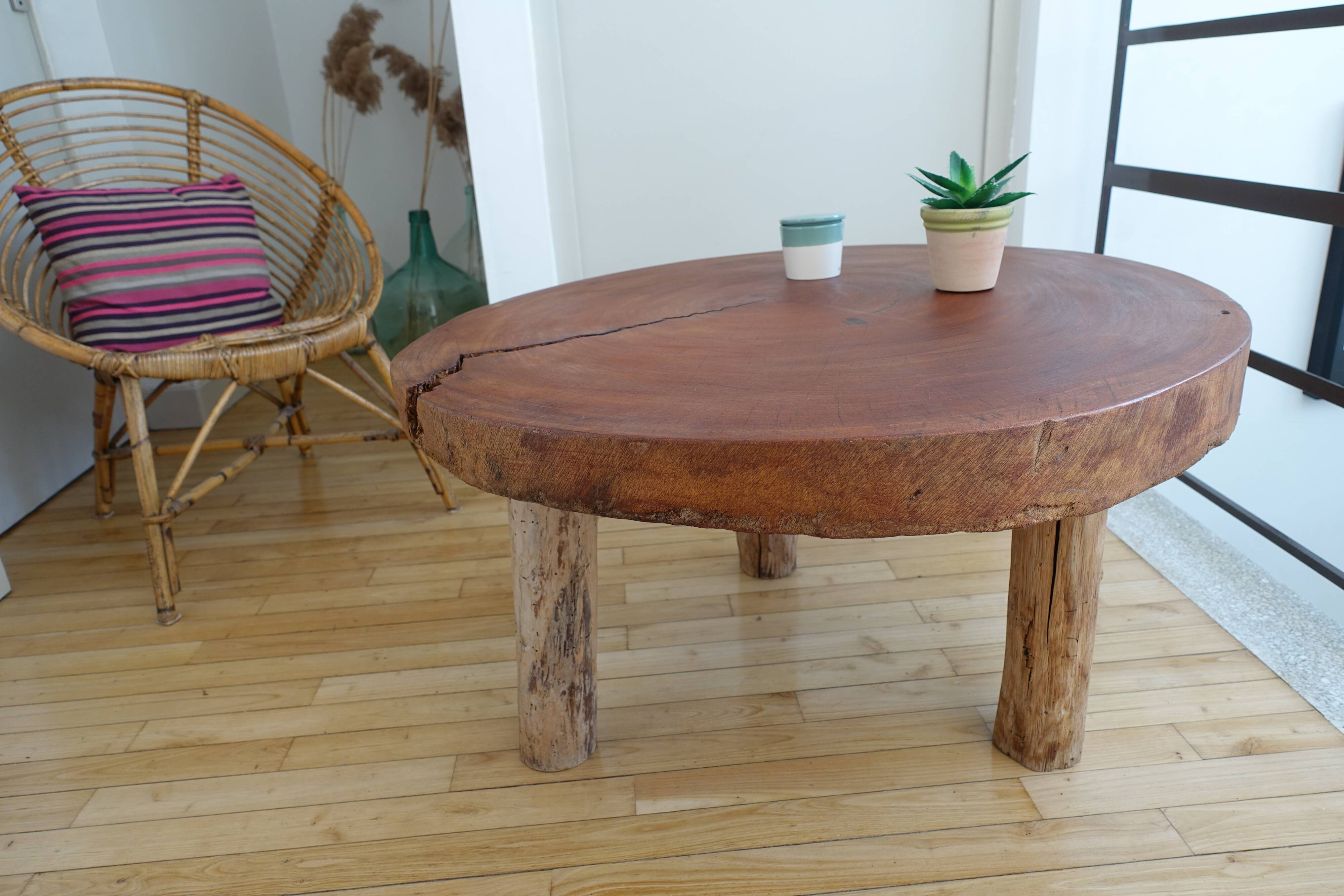 Brutalist circular coffee table in mahogany