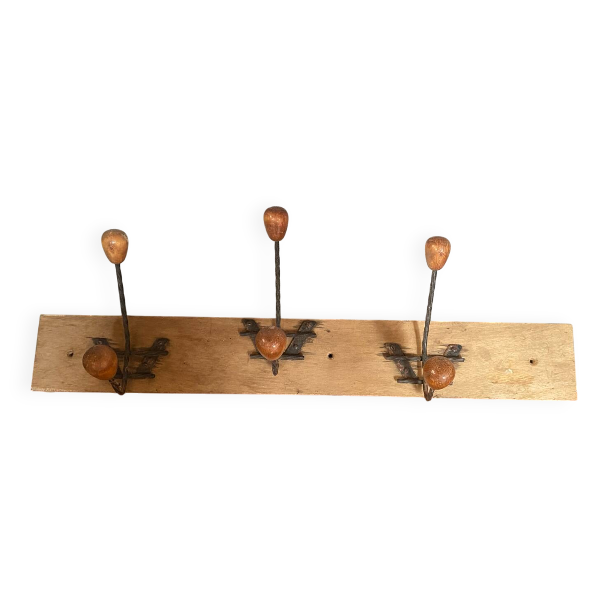 Old wooden wall coat rack + 3 wrought iron hooks & vintage wooden ball