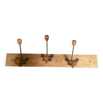 Old wooden wall coat rack + 3 wrought iron hooks & vintage wooden ball