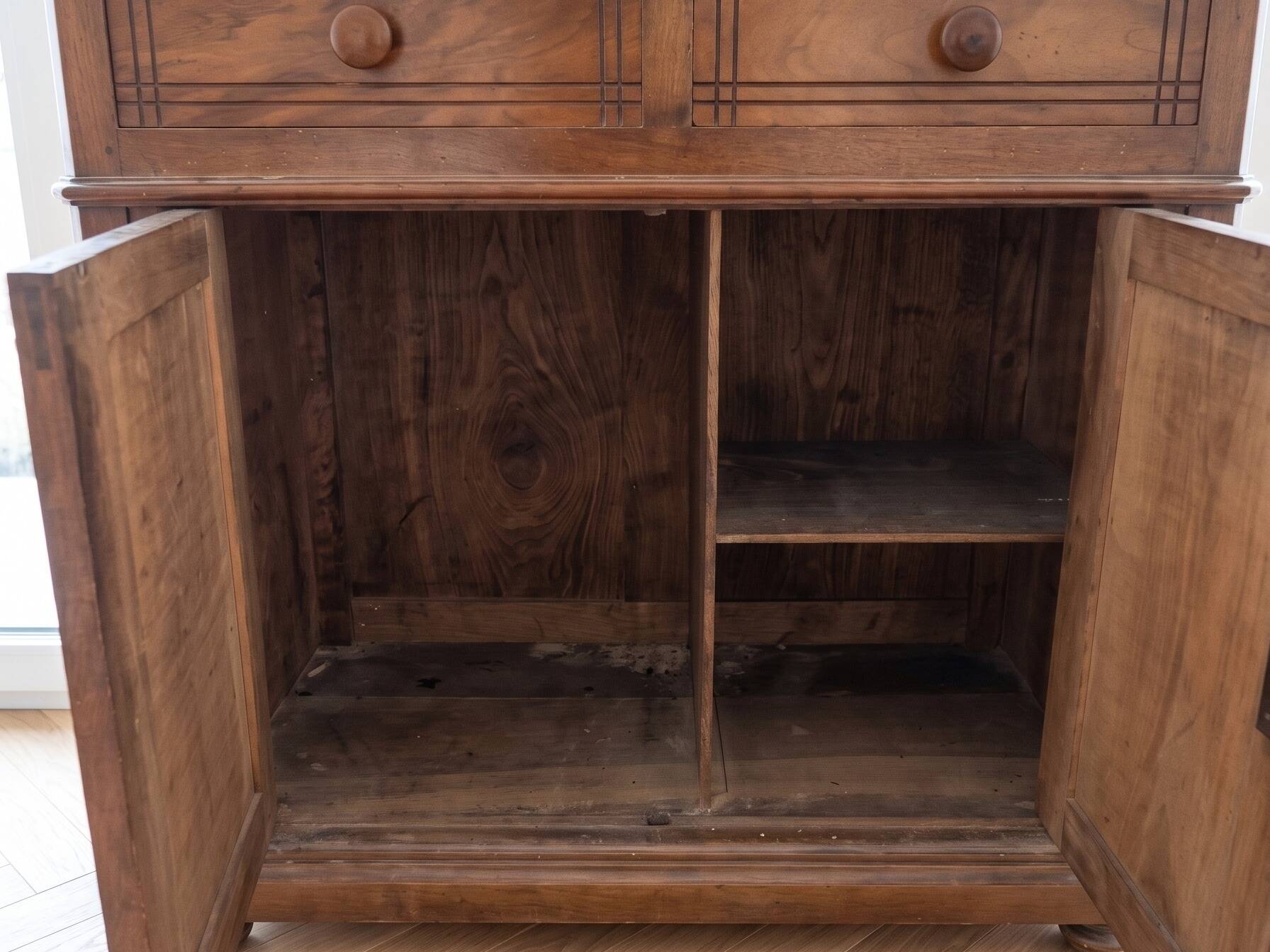 Antique wooden chest of drawers with a marble top.