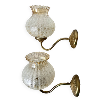 Paire d'appliques rétro en verre et métal doré