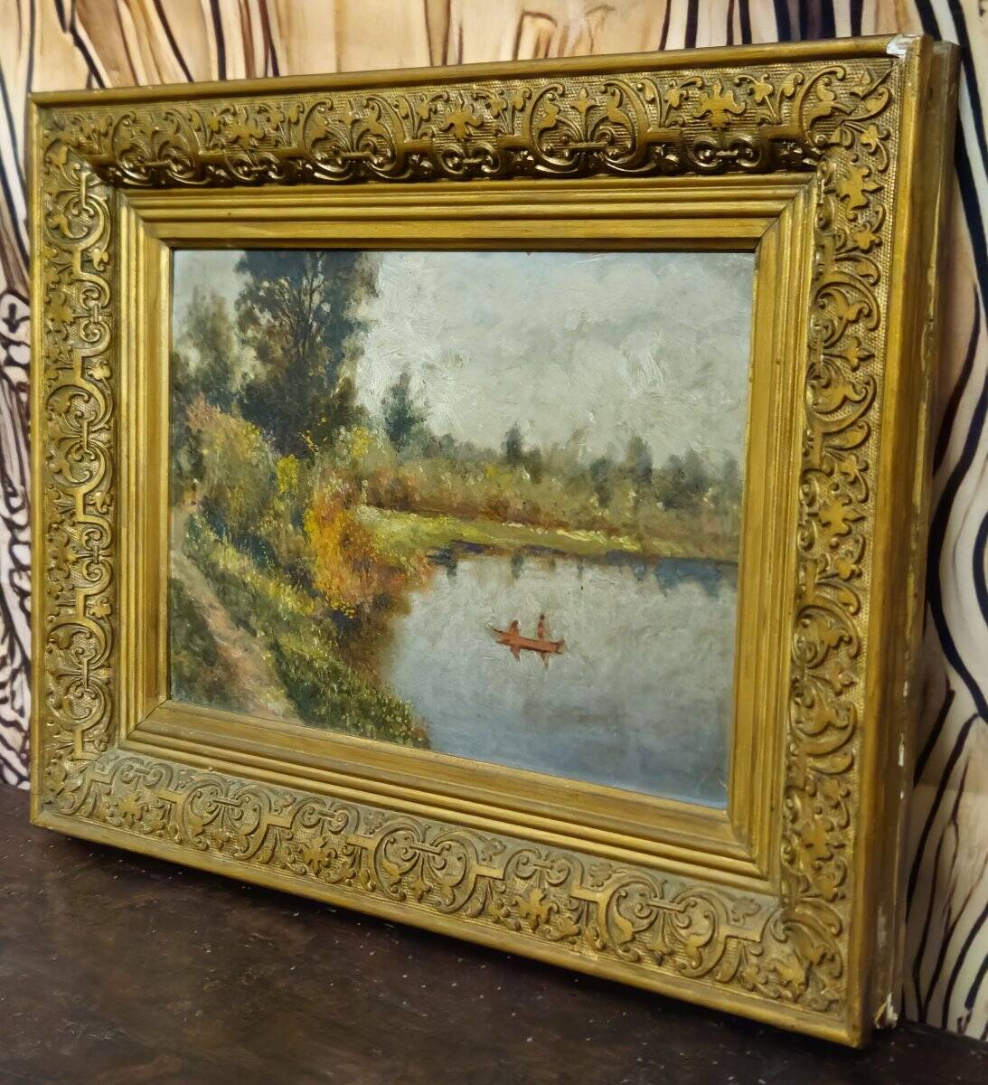 Oil on panel antique – waterside landscape – antique gilded frame