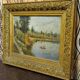 Oil on panel antique – waterside landscape – antique gilded frame
