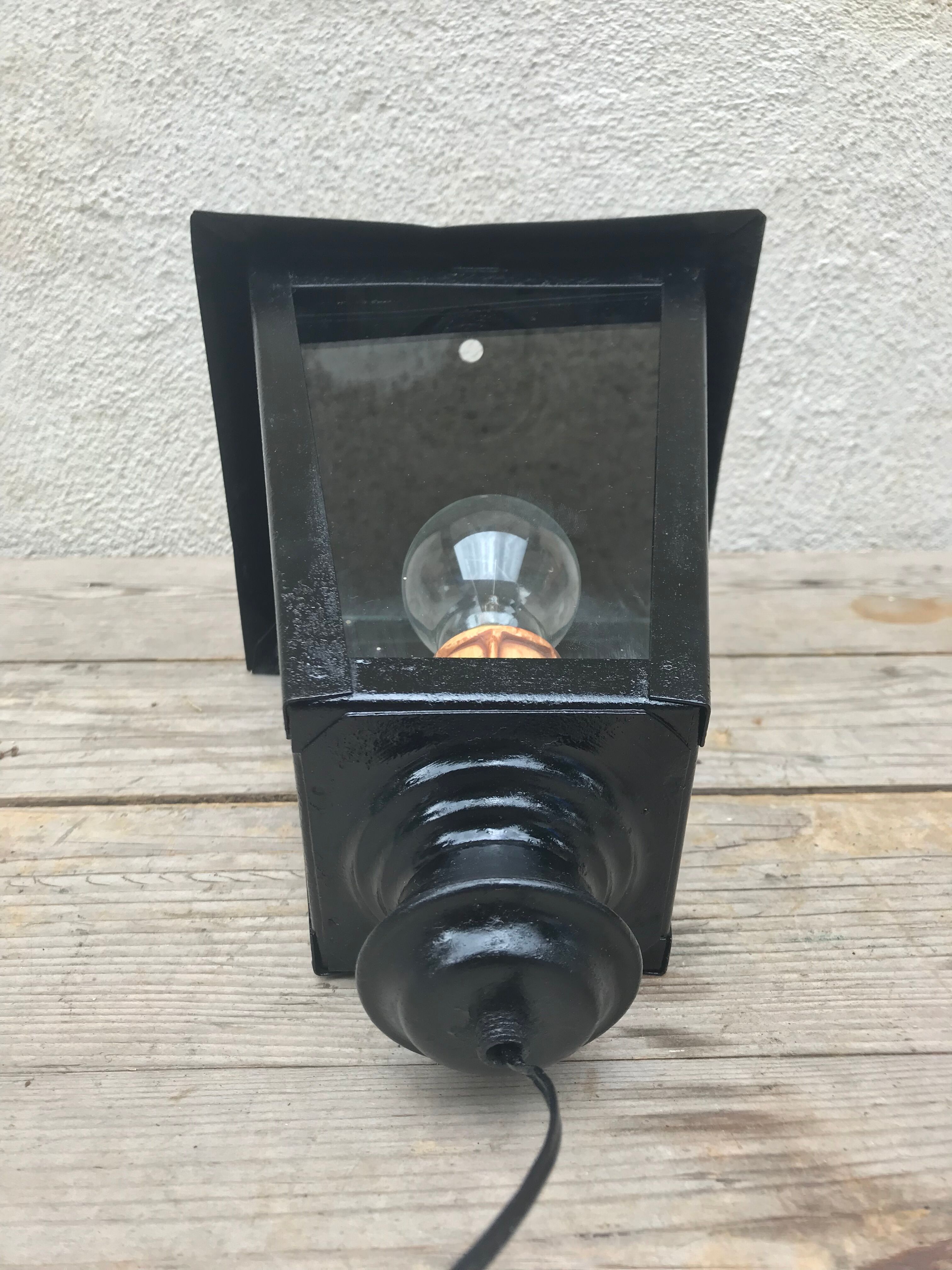 Lampadaire ancien lanterne métal noir + plaques verre années 70 vintage