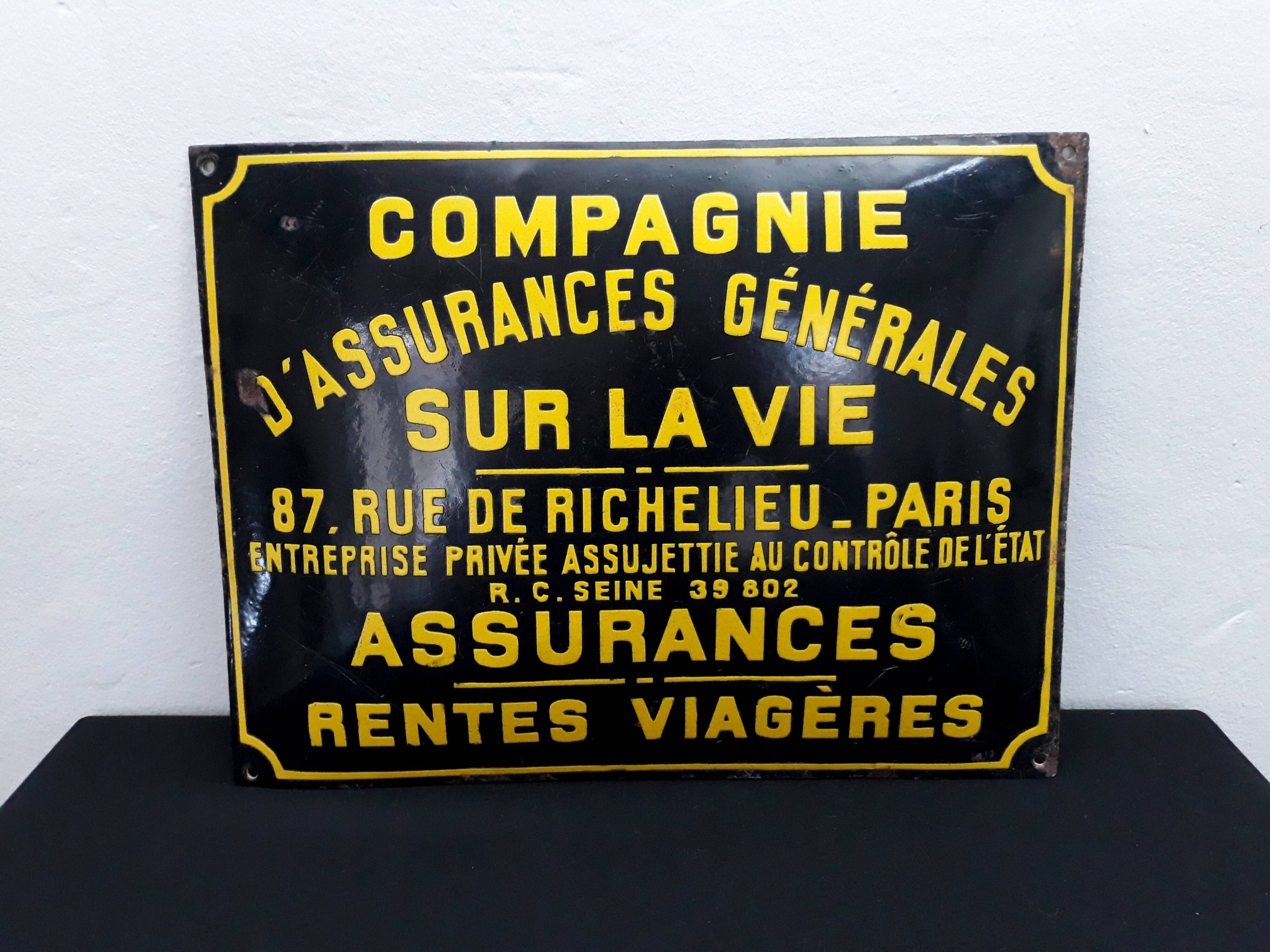 Plaque émaillée compagnie assurance vintage
