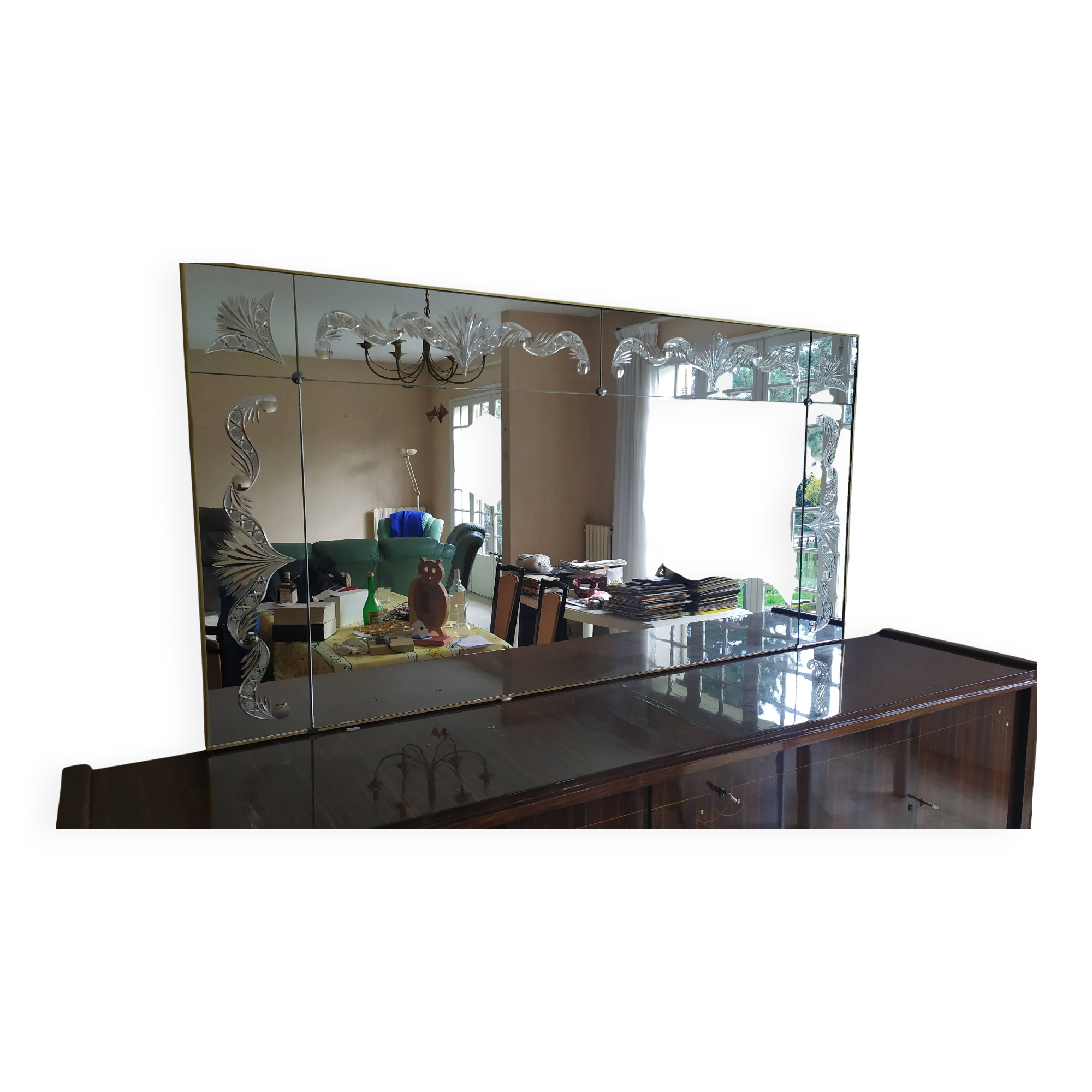 Panoramic mirror with etched parcloses in Art Deco style.