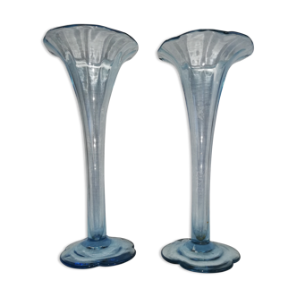 Duo of old blue vases corolla shape