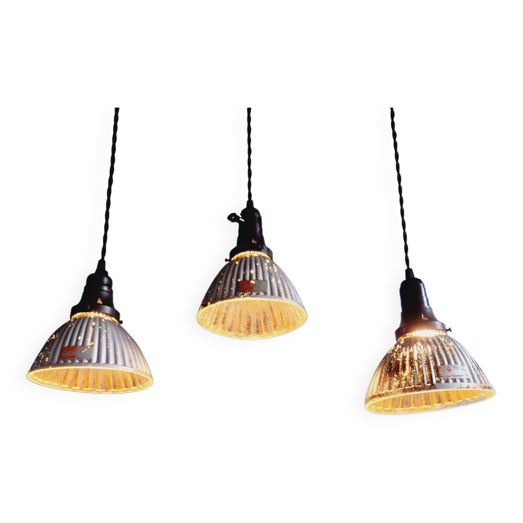 Set of 3 industrial mercury glass pendant lights, GAL (France), 1930s