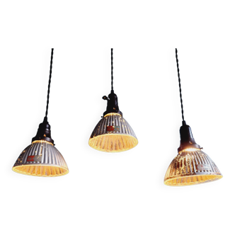 Set of 3 industrial mercury glass pendant lights, GAL (France), 1930s