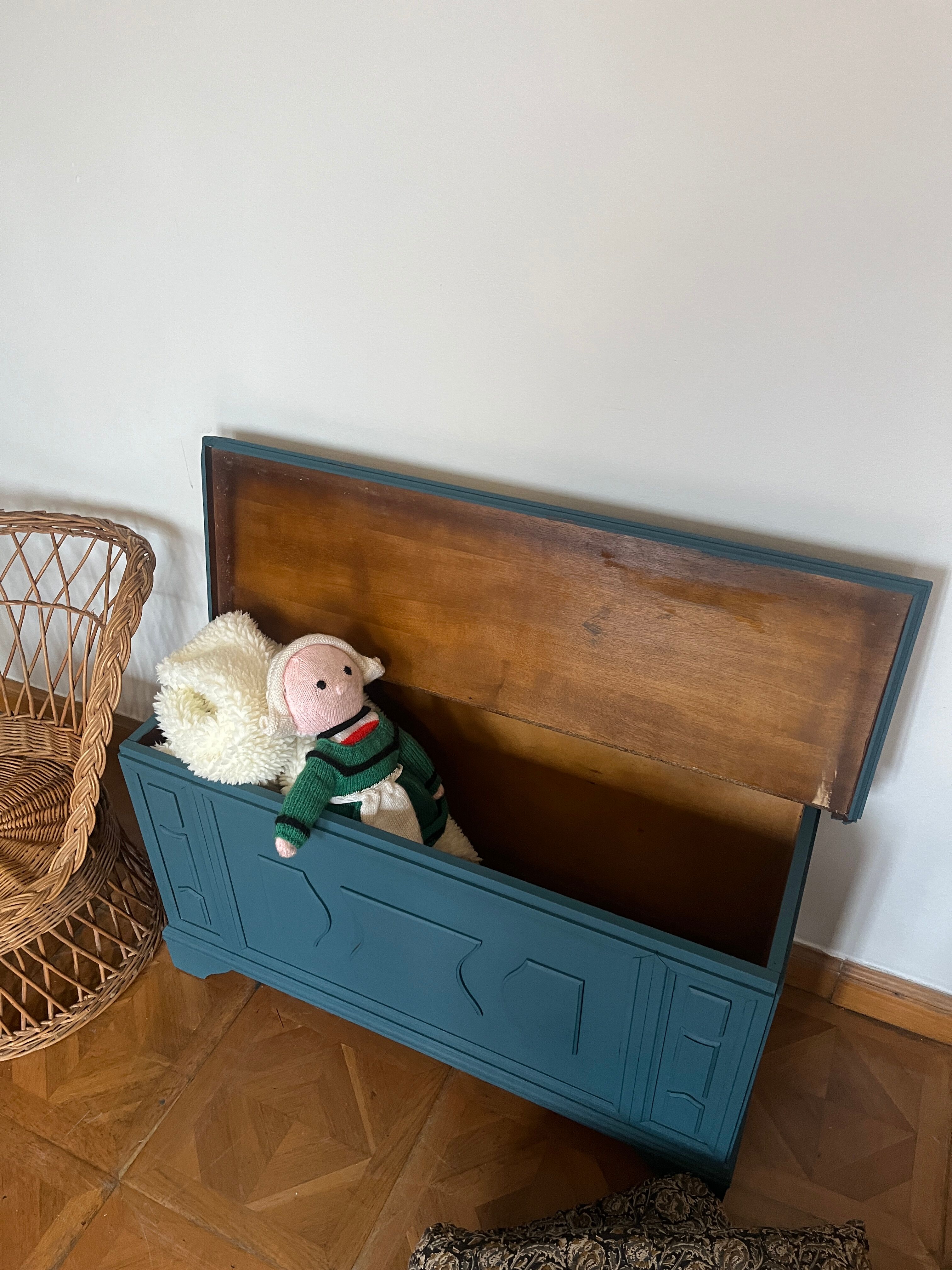 Peacock blue wooden toy chest