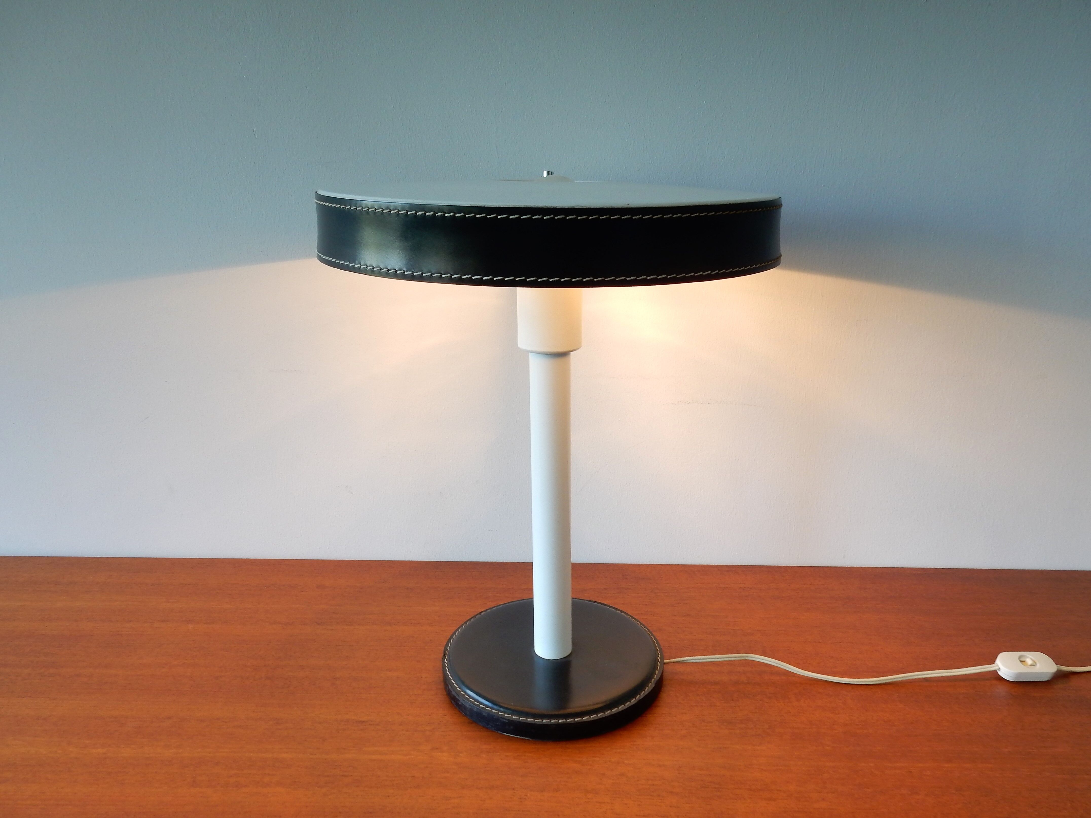 Vintage green leather and white metal table lamp