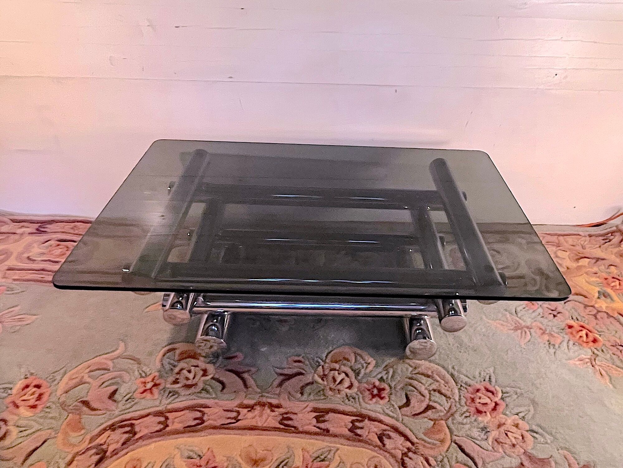 Mid-twentieth century chrome and smoked glass coffee table